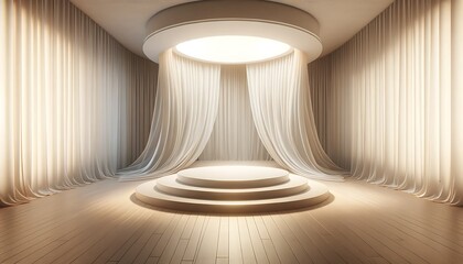Obraz premium 3d rounded podium surrounded by soft, flowing curtains. 3d stage for product display. an abstract platform for product presentation. 3d round shape for advertisement. tech products mockup.