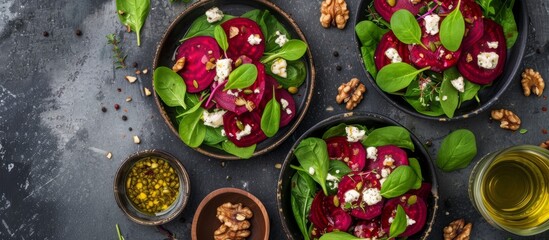 A plant-based dish made with fresh natural foods such as beets, spinach, walnuts, and cheese in bowls on a table, perfect for sharing.