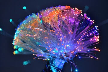 Fibre optic brain made of colorful fiber optic cables - obrazy, fototapety, plakaty