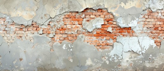 Obraz premium A detailed close-up of a brick wall with layers of peeling paint, showcasing a textured and weathered surface resembling a piece of art.