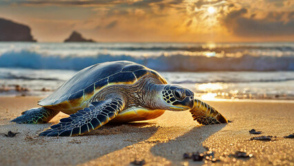 Obraz premium A turtle is crawling out of the sea.