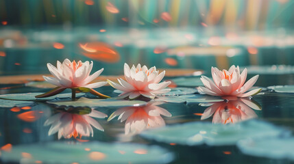 A tranquil scene of water lilies in bloom on a serene pond, their delicate petals creating a stunning reflection on the water's surface. - obrazy, fototapety, plakaty