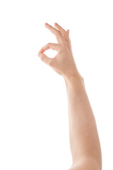 Adult man hand hold something with fingers isolated on white background