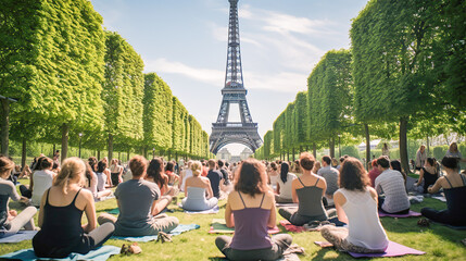 A group practicing yoga in a serene park with a stunning backdrop of the iconic Eiffel Tower basking in the Parisian sun - obrazy, fototapety, plakaty