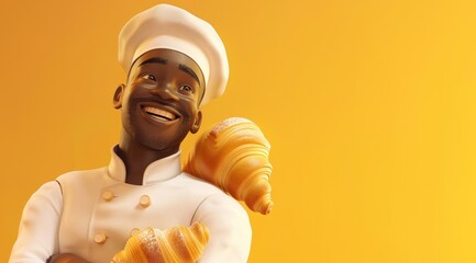 Personnage cartoon d'un boulanger noir souriant, fond orange, image avec espace pour texte. - obrazy, fototapety, plakaty