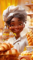 Personnage cartoon d'une femme noire chef boulanger souriante, dans sa boulangerie.