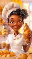 Personnage cartoon d'une femme noire chef boulanger souriante, dans sa boulangerie.