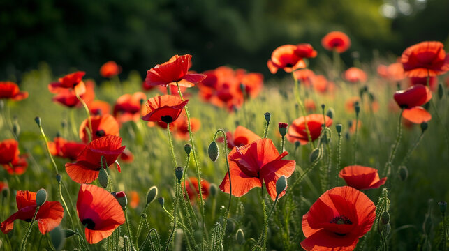 A vibrant field of poppies swaying in the breeze, their scarlet blooms contrasting against the lush greenery.