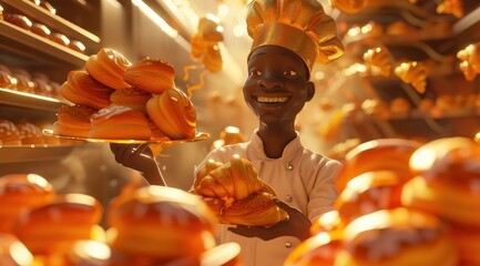 Personnage cartoon d'un boulanger noir souriant, dans sa boulangerie. - obrazy, fototapety, plakaty