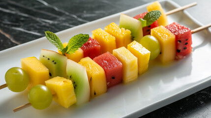 A vibrant fruit skewer featuring chunks of melon, grapes, and pineapple, meticulously arranged to create a visually pleasing and delectable treat for the senses.