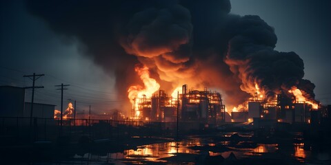 A sprawling industrial plant engulfed in flames emitting a bold and dynamic vibe. Concept Industrial Fire, Bold Atmosphere, Dynamic Energy, Flames, Industrial Disaster