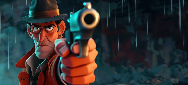 Personnage cartoon d'un homme visant avec un revolver, la nuit, portant un chapeau, attitude menaçante, image avec espace pour texte.