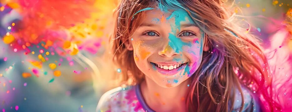 portrait happy smiling young girl celebrating holi festival, colorful face, vibrant powder paint explosion, joyous festival. 4K Video