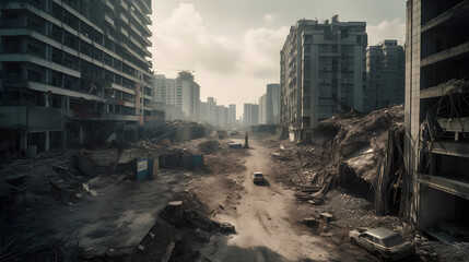  a scene of destruction and rubble in a modern city