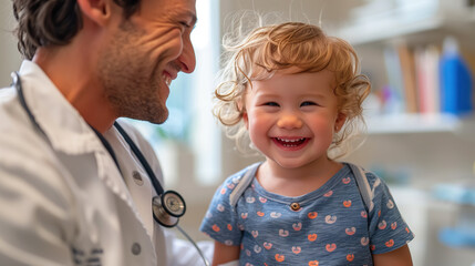  Doctor : Happy infant kid assessment in clinic; hospital and medical analysis. An image featuring a doctor and child; along with a doctor and baby. bright white tone.