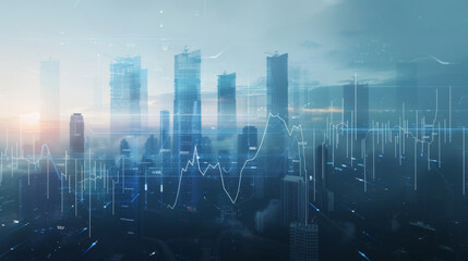 cityscape with modern skyscrapers and overlaid financial graphs, symbolizing the bustling economy and the stock market.