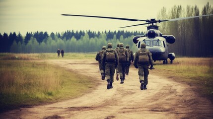 a group of special forces soldiers go into battle under the cover of a helicopter.
