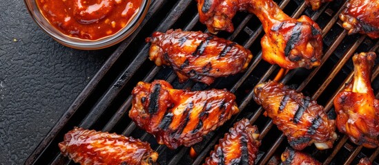 Chicken wings are being grilled next to a bowl of sauce, creating a delicious dish. The meat is cooking over charcoal, giving it a rich flavor. - obrazy, fototapety, plakaty