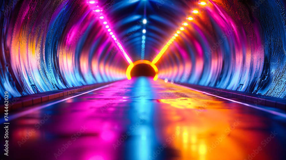 Poster neon lights guide the way through a futuristic tunnel, creating a path of glowing geometry and moder