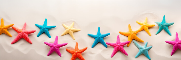 Obraz premium Colorful starfish is scattered across the sandy beach, in the style of minimalist backgrounds. Summer concept