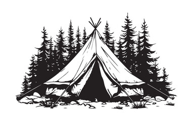 Camping in nature, Tent, Forests,  Hand drawn style, vector illustrations