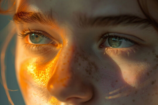 photograph of a person born under the zodiac sign Cancer, in good lighting, iridescent colors of golden light, light gray, light orange and light green, play of light and shadows Concept of astrologer