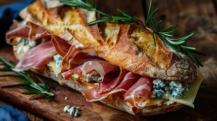 Obraz na płótnie Canvas Sandwich with prosciutto, blue cheese and rosemary