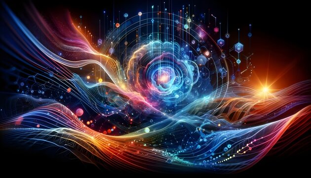 Big data flows via cyberspace. Data fields in blockchains. Connect the stream to the network line. Artificial Intelligence (AI) concept, digital communication, scientific study, and 3D illustration s