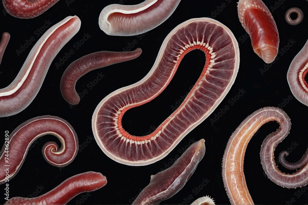 Poster a group of worms under microscope. generative ai.