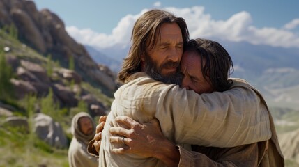 A divine moment: Jesus blesses a believer kneeling before Him, radiating compassion and spiritual grace in a profound encounter.