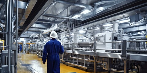A man in a blue suit standing in a factory. Generative AI.