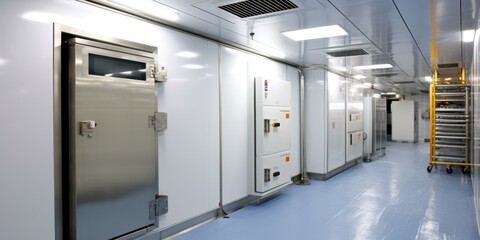 A long hallway with several doors and a refrigerator. Generative AI.