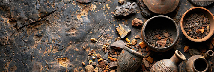 Archeology concept with dirt, rock, and archaeological discoveries of fossils, human remains, and tools from past historic times - obrazy, fototapety, plakaty