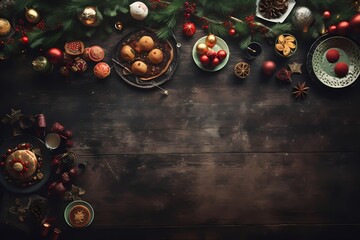 Overhead shot capturing the festive spirit with carefully arranged decorations, providing an attractive background with creative space for text.