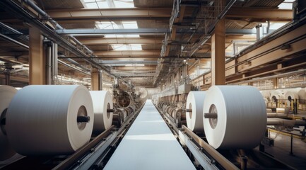 A factory with rolls of paper on conveyor belts. Generative AI.