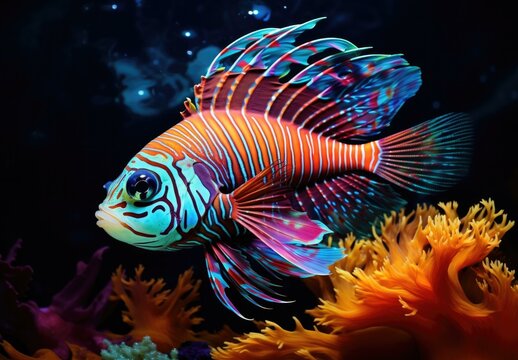 A colorful fish swimming in the ocean. Generative AI.