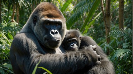 Obraz premium A gorilla and her baby in the jungle. Generative AI.