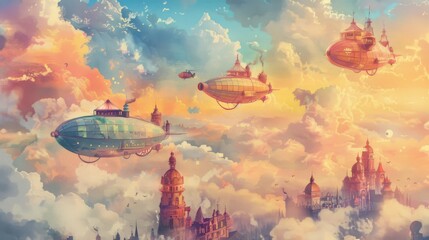Imaginative steampunk airships float among the clouds over a fantastical sky city bathed in the warm hues of sunset. - obrazy, fototapety, plakaty