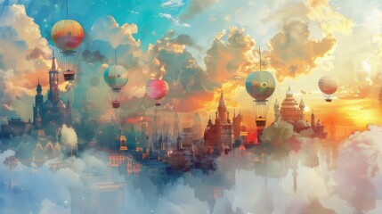 Colorful hot air balloons soar over a cityscape enveloped in clouds, with the backdrop of a picturesque sunset sky.