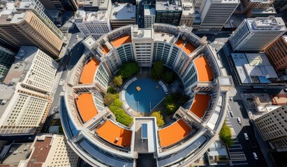 An aerial view of a city with a circular building. Generative AI. - Powered by Adobe