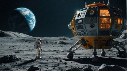 An astronaut standing on the moon with a space station. Generative AI.