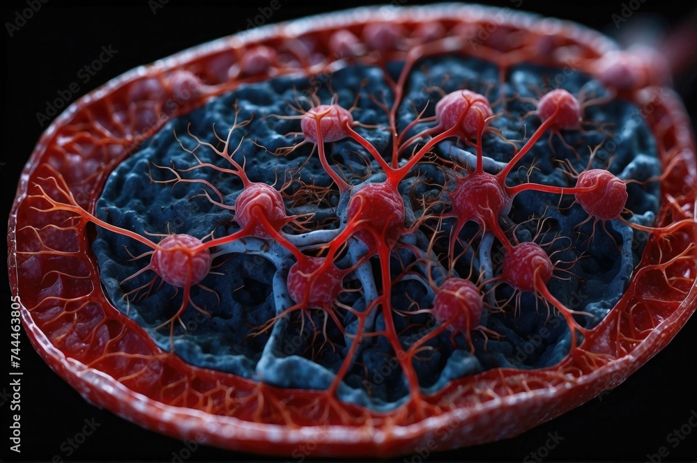Poster a close up of a cell with red and blue cells. generative ai.