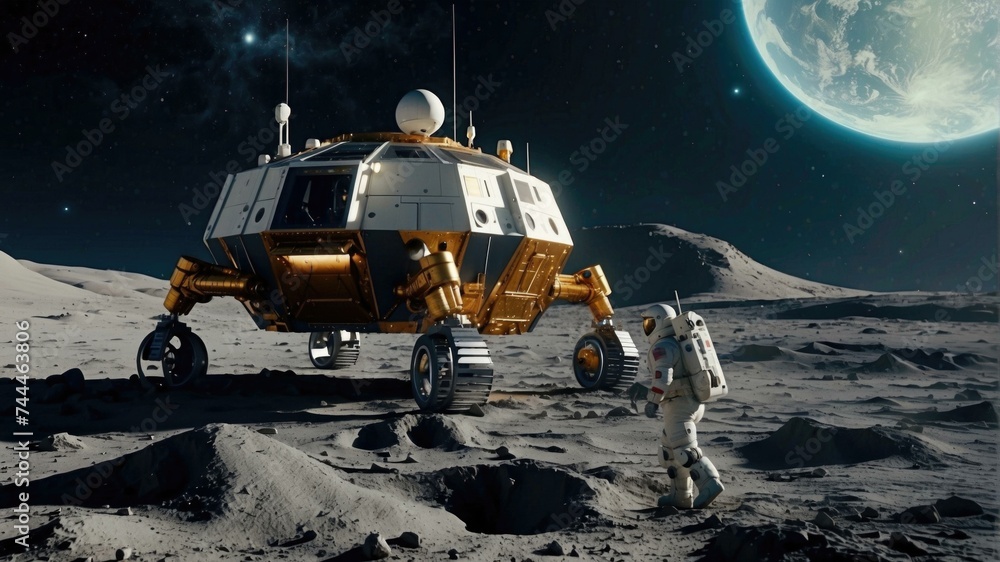 Poster an astronaut is standing next to an astronaut vehicle on the moon. generative ai.