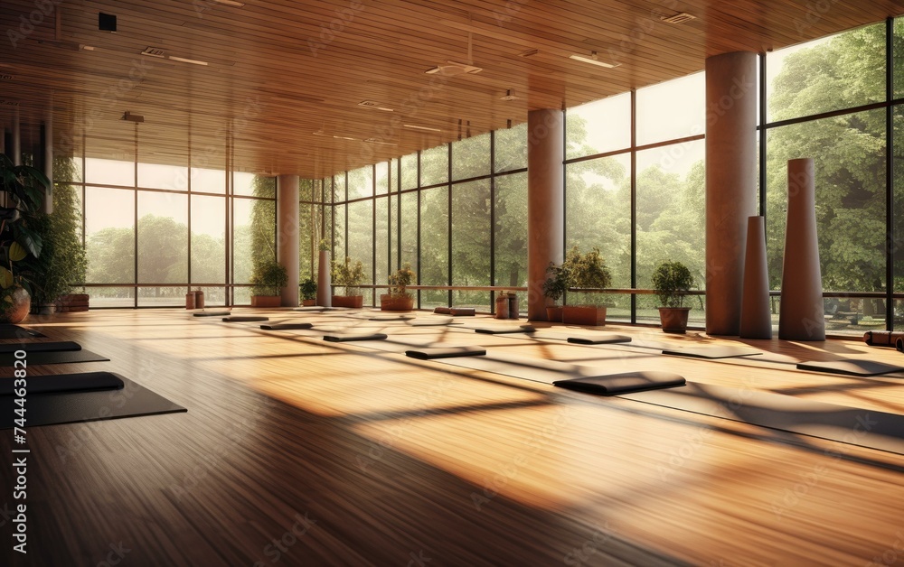 Aufkleber an empty yoga studio with large windows. generative ai.