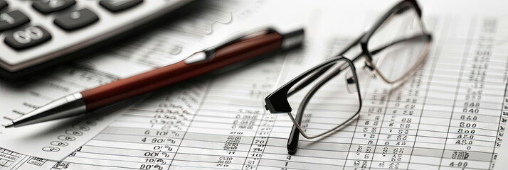 Accounting concept with view of basic accounting tools -- calculator, glasses, pen, reports, notepads, and more for taxes, payroll, and more