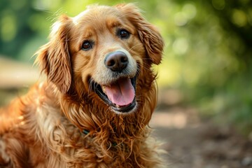Perro golden retriever dorado sonriendo en la naturaleza