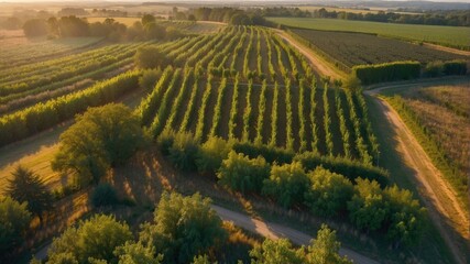 An aerial view of a vineyard field. Generative AI.