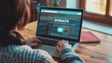 person from behind, looking at a laptop screen that has a "DONATE" button displayed prominently.