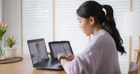 Foto op Canvas Asia people young woman video call talk chat help guide online at home by AI tele consult telehealth telemedicine app clinic in IoT device collect ECG data heart pulse sleep rate on cloud computing. © ChayTee