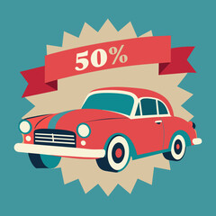 Vectorized depiction of a retro car with a banner reading "50% OFF!" vektor illustation